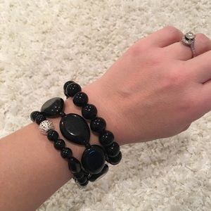 Set of three black beaded bracelets